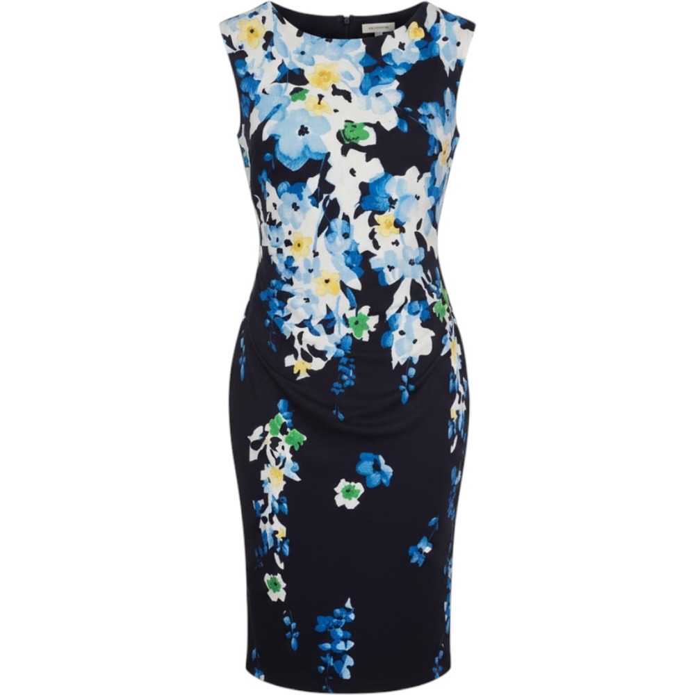 Lauren Ralph Lauren Blue Floral Ruched Sheath Dress Navy Sleeveless Size 6